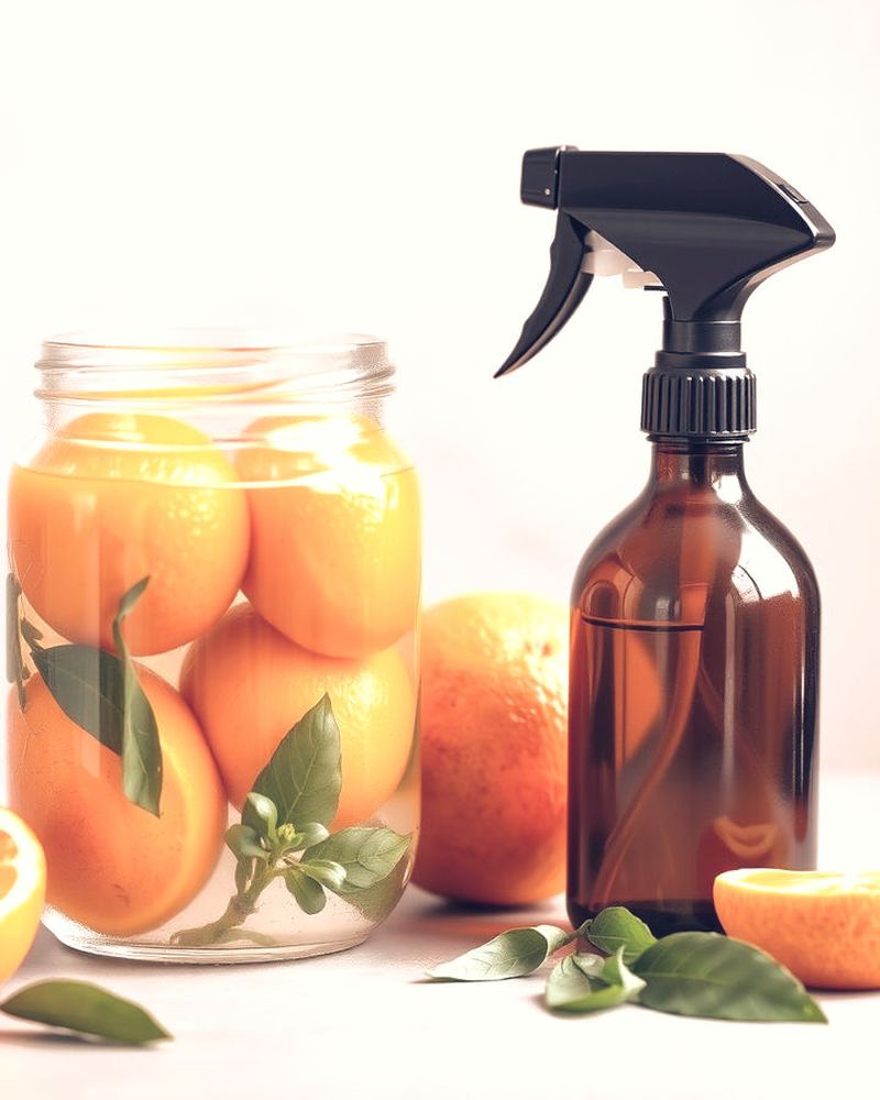 A jar of oranges soaking in water beside an amber spray bottle