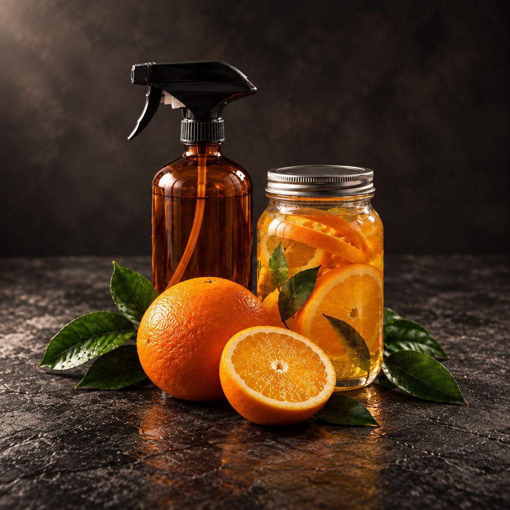 An amber spray bottle and a jar of orange slices beside fresh oranges and leaves