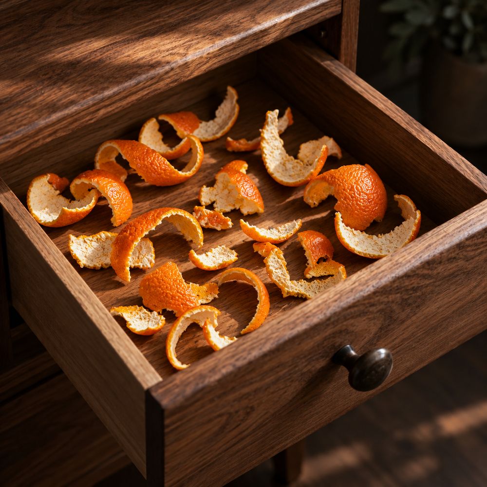 Dried orange peels scattered in an open wooden drawer