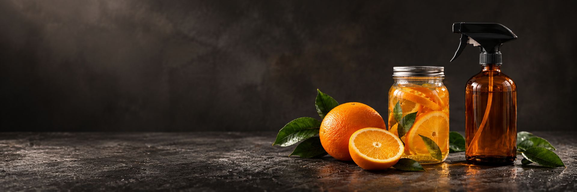 An amber spray bottle and a jar of orange slices with fresh oranges and leaves on a dark stone surface